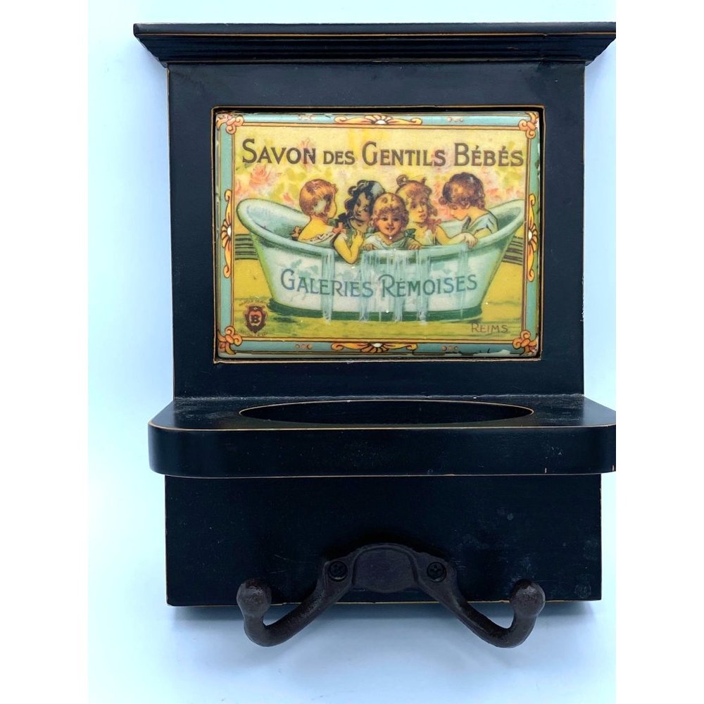French Savon Des Gentils Bebes  Small Wooden Shelf With Tile Display and Metal H